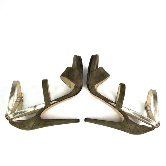 Jimmy Choo Suede Heeled Sandals Strappy Metallic Green Ankle Strap Platform 39.5 - Picture 5 of 9